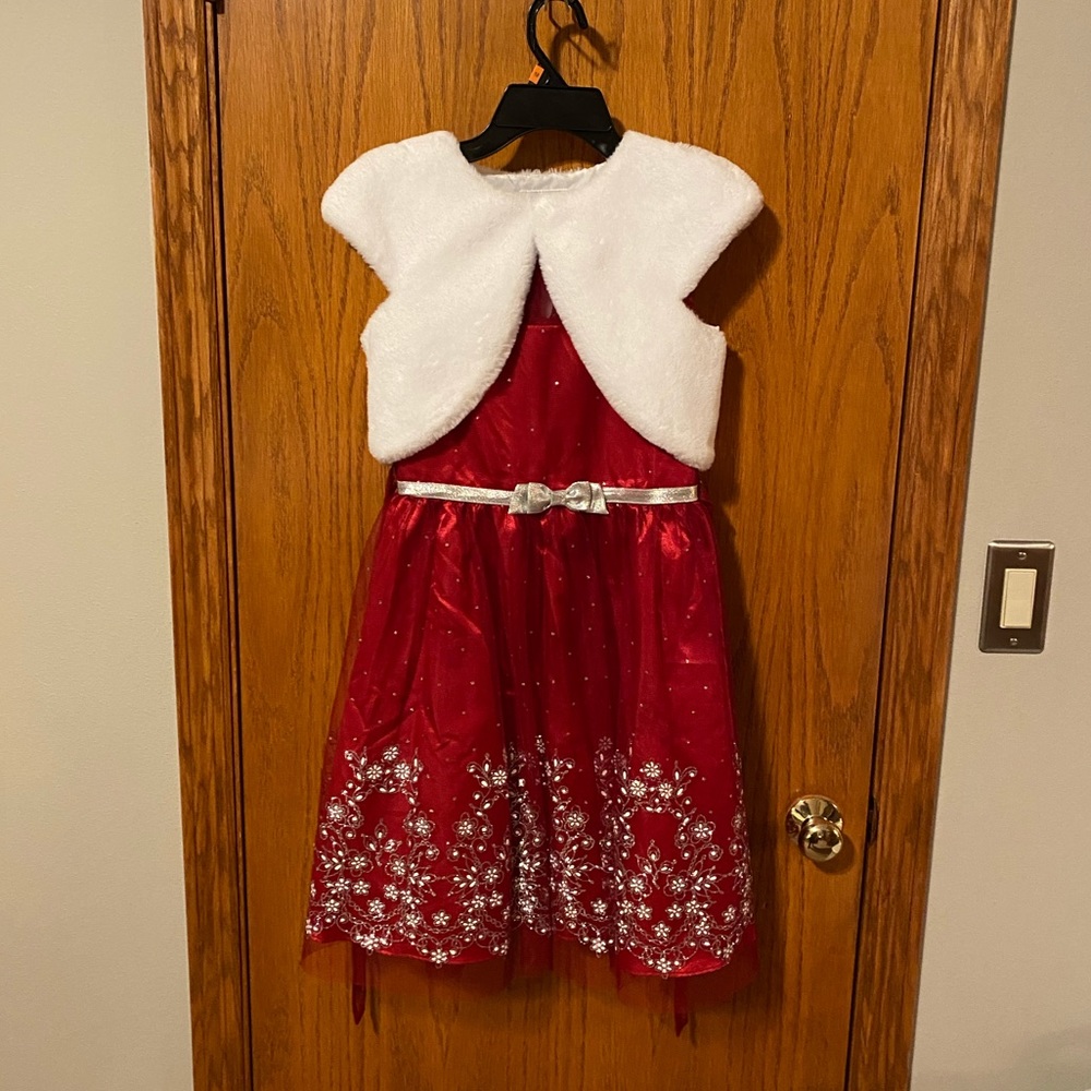 Girls 12 Christmas red holiday dress with white shawl